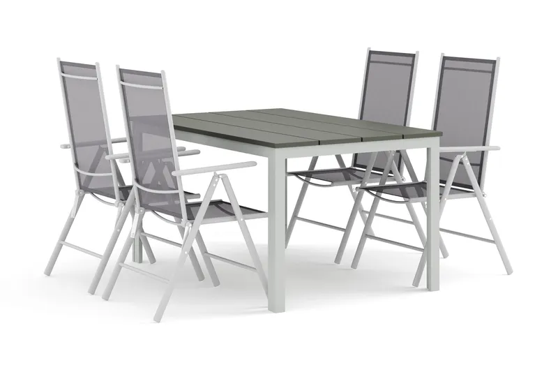 Tunis utomhus matgrupp 140x90 cm med 4 Maggie positionsstolar, Vit/Grå