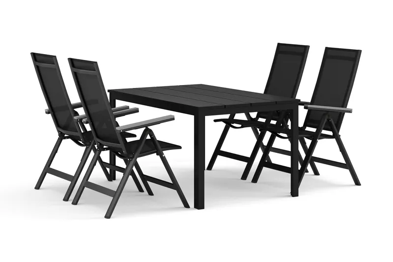 Tunis utomhus matgrupp 140x90 cm med 4 Monaco Light positionsstolar, Svart/Svart