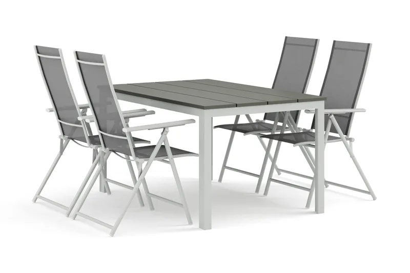 Tunis utomhus matgrupp 140x90 cm med 4 Sanna positionsstolar, Vit/Grå