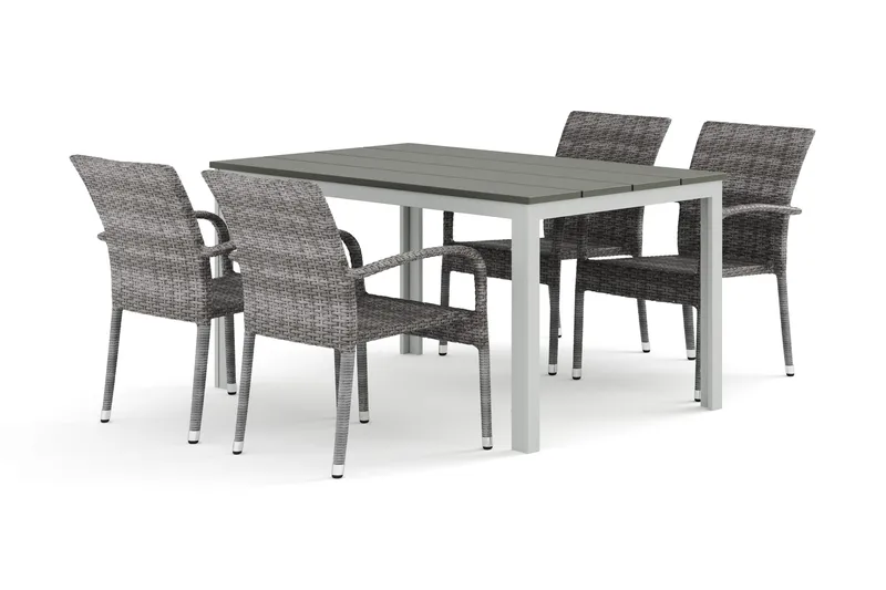 Tunis utomhus matgrupp 140x90 cm med 4 Thor Light utefåtöljer, Vit/Grå