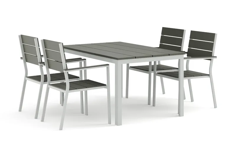 Tunis utomhus matgrupp 140x90 cm med 4 Tunis stapelstolar, Vit/Grå