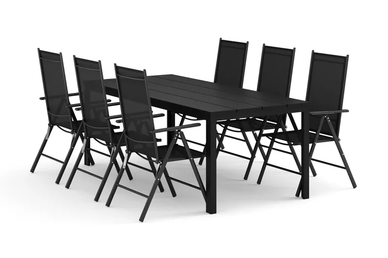 Tunis utomhus matgrupp 205x90 cm med 6 Maggie positionsstolar, Svart/Svart