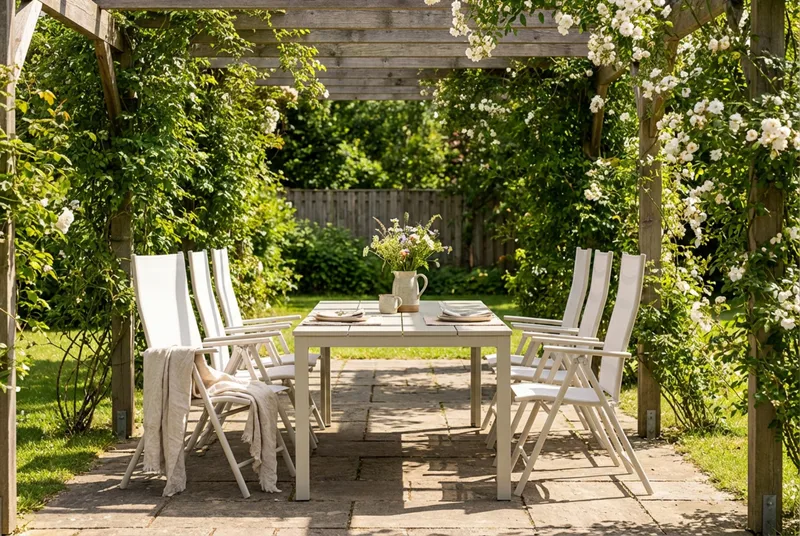 Tunis utomhus matgrupp 205x90 cm med 6 Sanna positionsstolar - Beige/Beige - Utemöbler - Utegrupp - Matgrupp utomhus