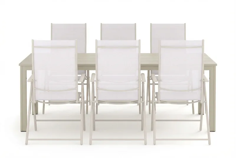 Tunis utomhus matgrupp 205x90 cm med 6 Sanna positionsstolar - Beige/Beige - Utemöbler - Utegrupp - Matgrupp utomhus