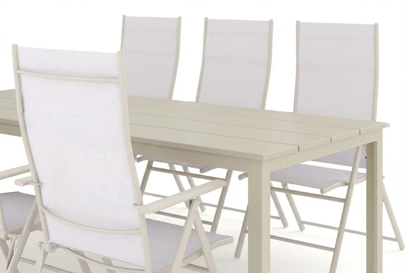 Tunis utomhus matgrupp 205x90 cm med 6 Sanna positionsstolar - Beige/Beige - Utemöbler - Utegrupp - Matgrupp utomhus