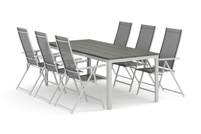 Tunis utomhus matgrupp 205x90 cm med 6 Sanna positionsstolar, Vit/Grå