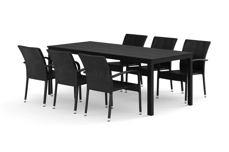 Tunis utomhus matgrupp 205x90 cm med 6 Thor Light utefåt öljer, Svart/Svart