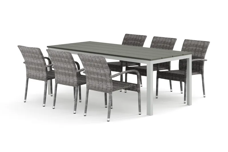 Tunis utomhus matgrupp 205x90 cm med 6 Thor Light utefåtöljer - Vit/Grå - Utemöbler - Utegrupp - Matgrupp utomhus