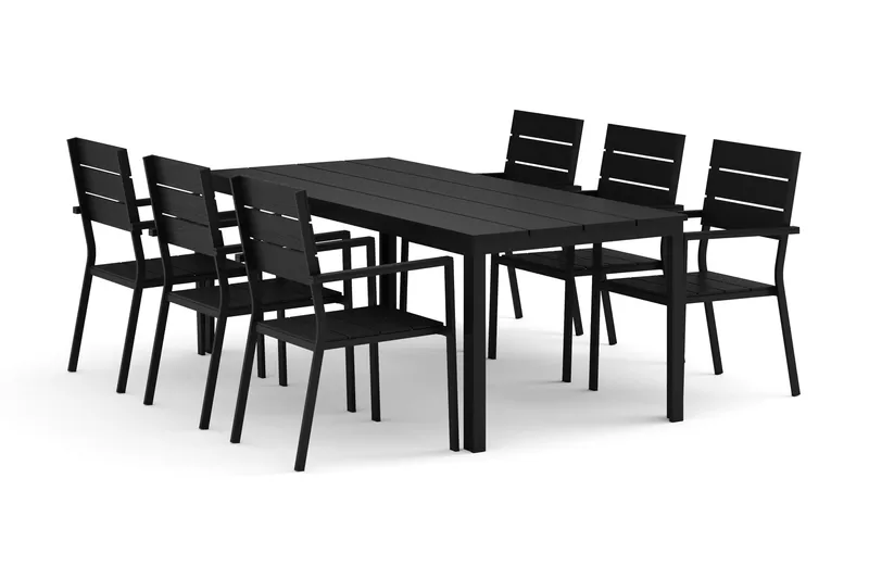Tunis utomhus matgrupp 205x90 cm med 6 Tunis stapelstolar - Svart/Svart - Utemöbler - Utegrupp - Matgrupp utomhus