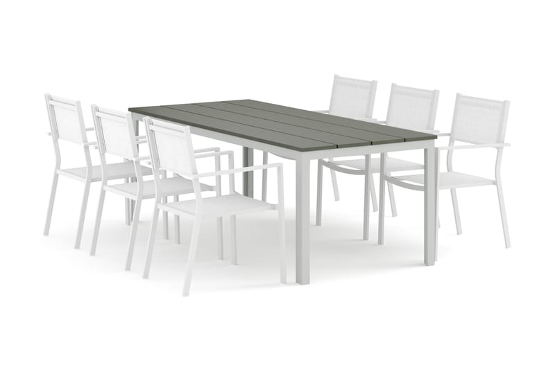Tunis utomhus matgrupp 205x90 cm med 6 Tunis stapelstolar - Vit/Grå - Utemöbler - Utegrupp - Matgrupp utomhus