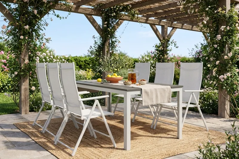 Tunis utomhus matgrupp 205x90 cm med 6 positionsstolar - Vit/Grå - Utemöbler - Utegrupp - Matgrupp utomhus