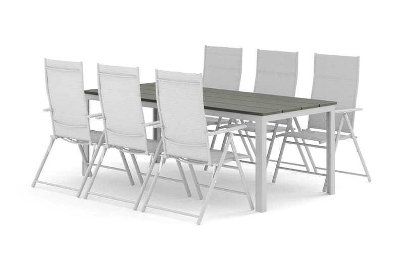 Tunis utomhus matgrupp 205x90 cm med 6 positionsstolar, Vit/Grå