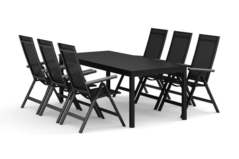 Tunis utomhus matgrupp förlängningsbart 205/305x90 cm med 6 Monaco Light positionsstolar, Svart/Svart