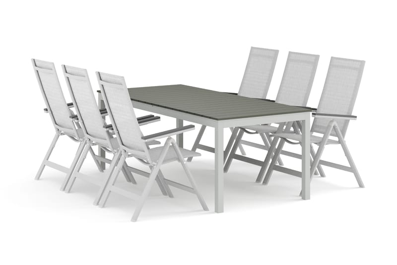 Tunis utomhus matgrupp förlängningsbart 205/305x90 cm med 6 Monaco Light positionsstolar, Vit/Grå