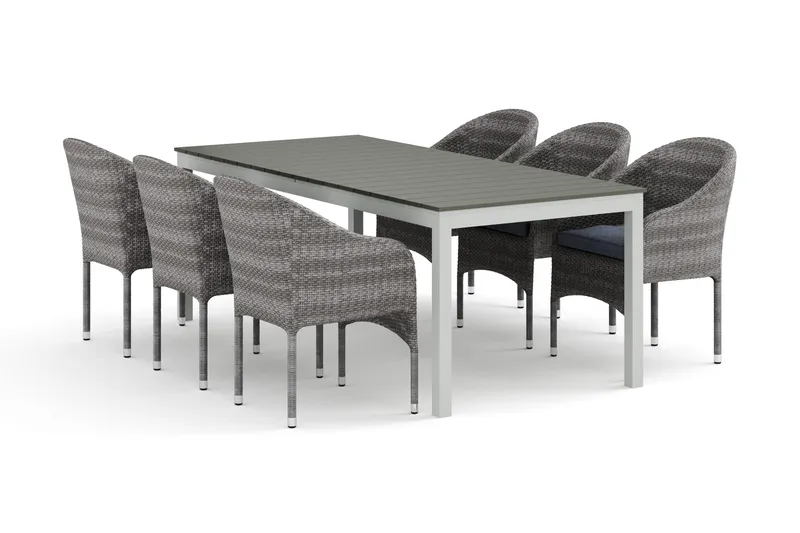 Tunis utomhus matgrupp förlängningsbart 205/305x90 cm med 6 Thor fåtöljer - Vit/Grå - Utemöbler - Utegrupp - Matgrupp utomhus