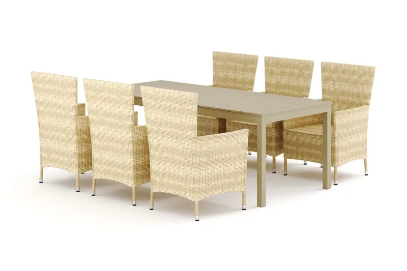 Tunis utomhus matgrupp förlängningsbart 205/305x90 cm med 6 Thor utefåtöljer, Beige/Beige