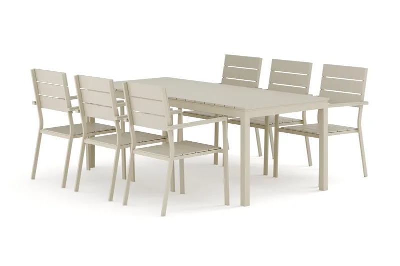 Tunis utomhus matgrupp förlängningsbart 205/305x90 cm med 6 Tunis stapelstolar, Beige/Beige
