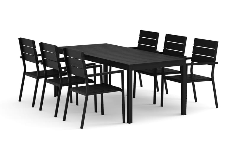 Tunis utomhus matgrupp förlängningsbart 205/305x90 cm med 6 Tunis stapelstolar, Svart/Svart