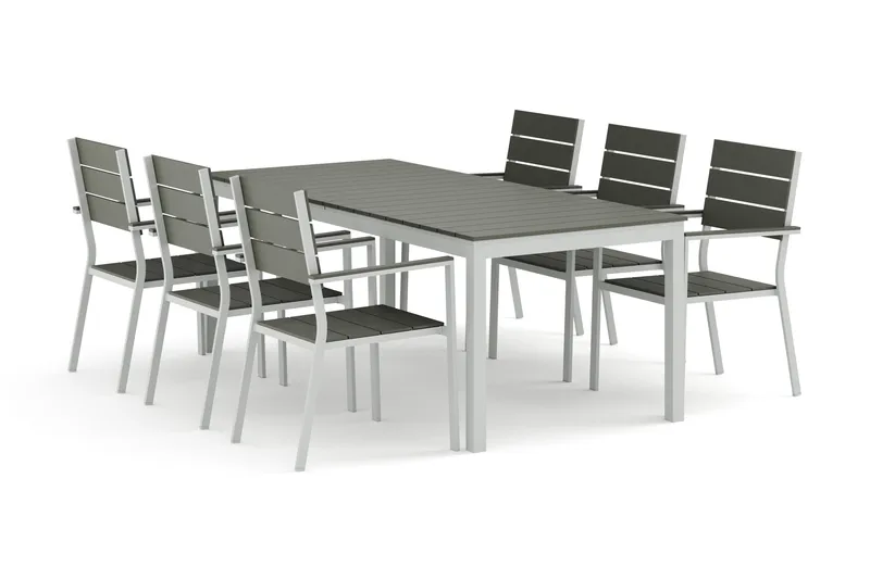 Tunis utomhus matgrupp förlängningsbart 205/305x90 cm med 6 Tunis stapelstolar - Vit/Grå - Utemöbler - Utegrupp - Matgrupp utomhus