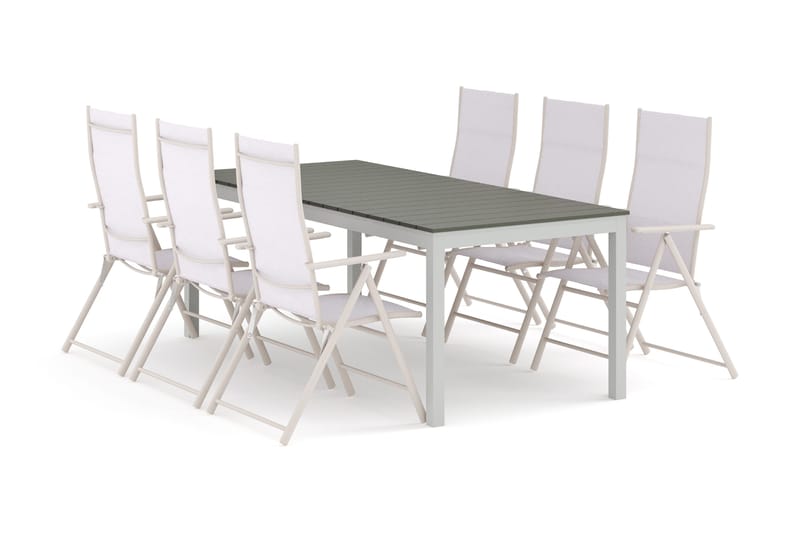 Tunis utomhus matgrupp förlängningsbart 205/305x90 cm med 6 positionsstolar - Vit/Grå - Utemöbler - Utegrupp - Matgrupp utomhus
