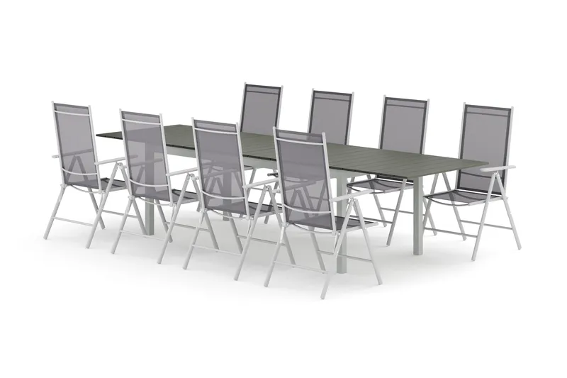 Tunis utomhus matgrupp förlängningsbart 205/305x90 cm med 8 Maggie positionsstolar - Vit/Grå - Utemöbler - Utegrupp - Matgrupp utomhus