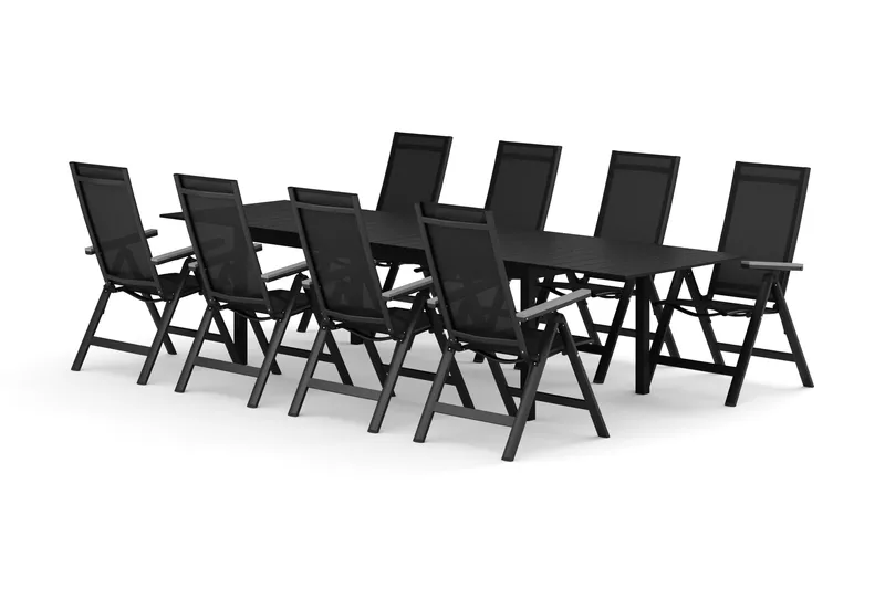 Tunis utomhus matgrupp förlängningsbart 205/305x90 cm med 8 Monaco Light positionsstolar - Svart/Svart - Utemöbler - Utegrupp - Matgrupp utomhus
