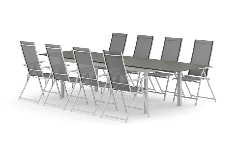 Tunis utomhus matgrupp förlängningsbart 205/305x90 cm med 8 Sanna positionsstolar - Vit/Grå - Utemöbler - Utegrupp - Matgrupp utomhus