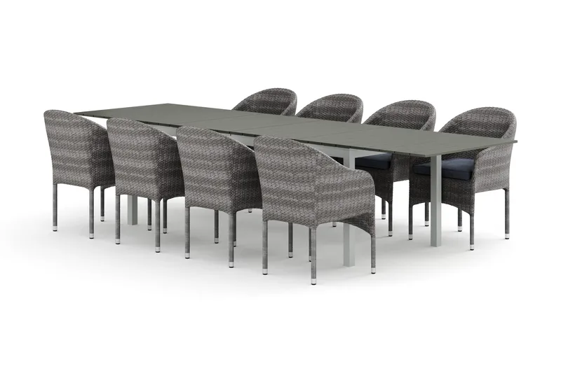 Tunis utomhus matgrupp förlängningsbart 205/305x90 cm med 8 Thor fåtöljer - Vit/Grå - Utemöbler - Utegrupp - Matgrupp utomhus