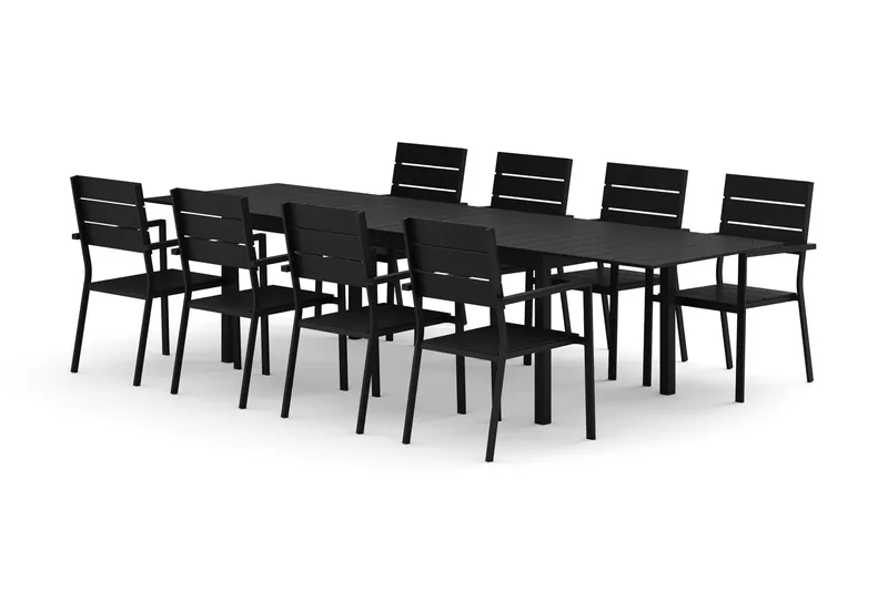 Tunis utomhus matgrupp förlängningsbart 205/305x90 cm med 8 Tunis stapelstolar - Svart/Svart - Utemöbler - Utegrupp - Matgrupp utomhus