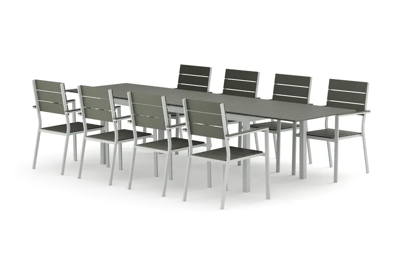 Tunis utomhus matgrupp förlängningsbart 205/305x90 cm med 8 Tunis stapelstolar, Vit/Grå