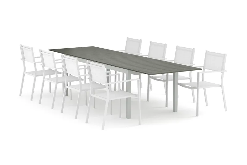 Tunis utomhus matgrupp förlängningsbart 205/305x90 cm med 8 Tunis stapelstolar - Vit/Grå - Utemöbler - Utegrupp - Matgrupp utomhus