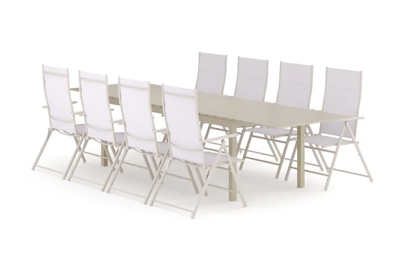 Tunis utomhus matgrupp förlängningsbart 205/305x90 cm med 8 positionsstolar, Beige/Beige