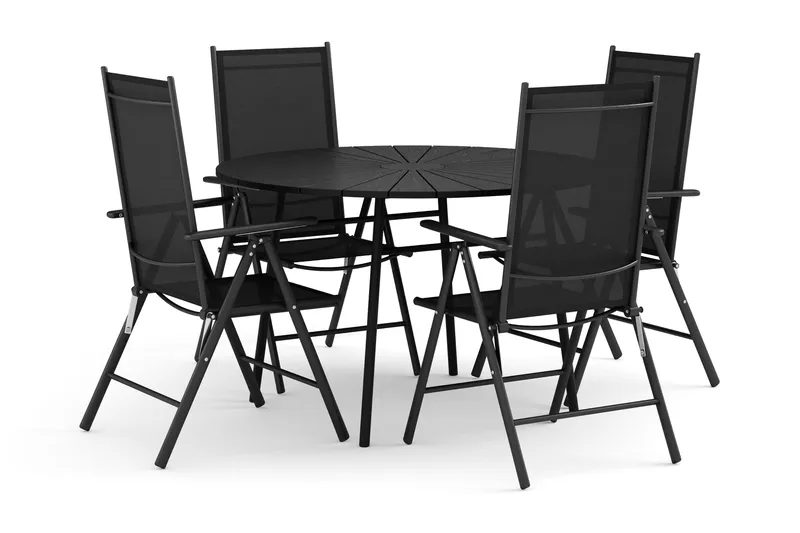 Tunis utomhus rund matgrupp 120 cm med 4 Maggie positionsstolar - Svart/Svart - Utemöbler - Utegrupp - Matgrupp utomhus