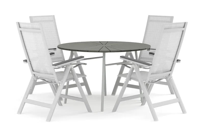 Tunis utomhus rund matgrupp 120 cm med 4 Monaco Light positionsstolar, Vit/Grå