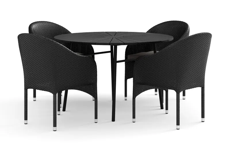 Tunis utomhus rund matgrupp 120 cm med 4 Thor fåtöljer, Svart/Svart