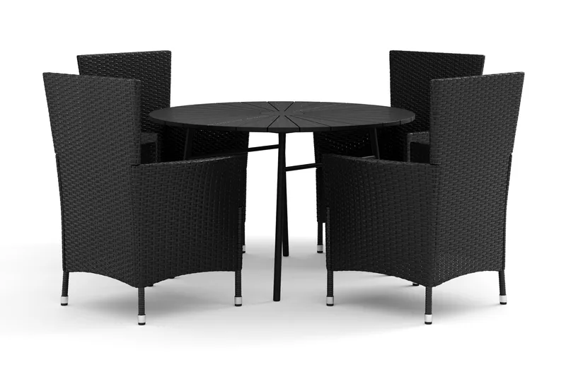 Tunis utomhus rund matgrupp 120 cm med 4 Thor utefåtöljer, Svart/Svart
