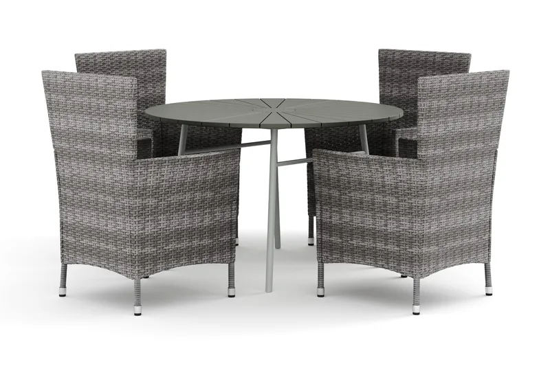 Tunis utomhus rund matgrupp 120 cm med 4 Thor utefåtöljer, Vit/Grå