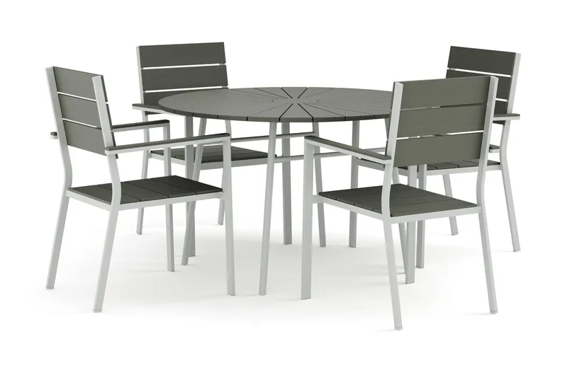 Tunis utomhus rund matgrupp 120 cm med 4 Tunis stapelstolar - Vit/Grå - Utemöbler - Utegrupp - Matgrupp utomhus