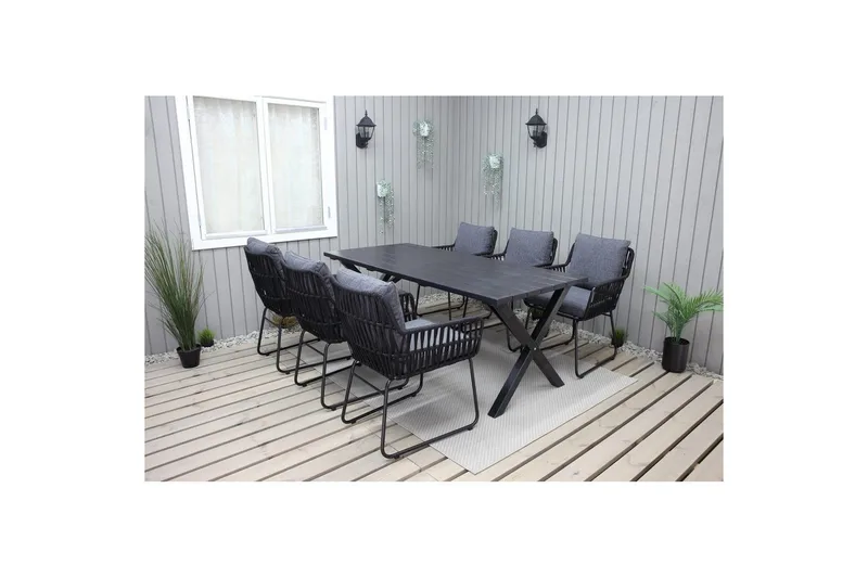 Utomhusmöbelgrupp 190 cm Bord & 6 Levanto grå stolar Svart - Svart - Utemöbler - Utegrupp - Matgrupp utomhus