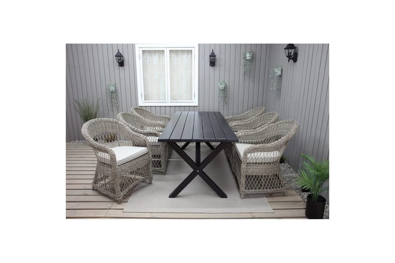 Utomhusmöbelgrupp 190 cm Bord & 6 Merida naturell stolar Svart - Svart - Utemöbler - Utegrupp - Matgrupp utomhus