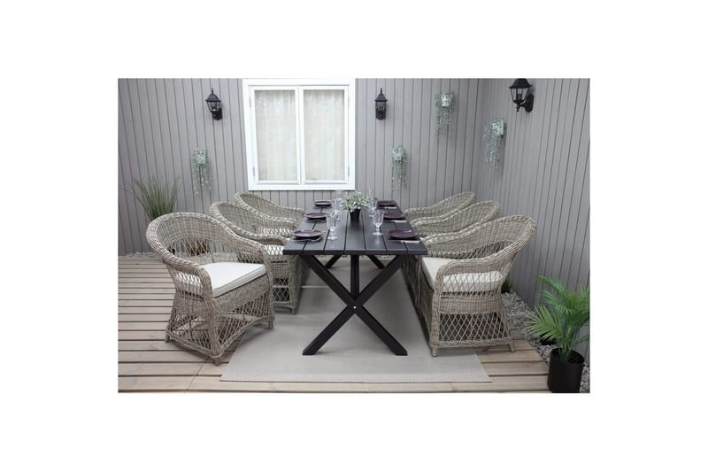 Utomhusmöbelgrupp 190 cm Bord & 6 Merida naturell stolar Svart - Svart - Utemöbler - Utegrupp - Matgrupp utomhus