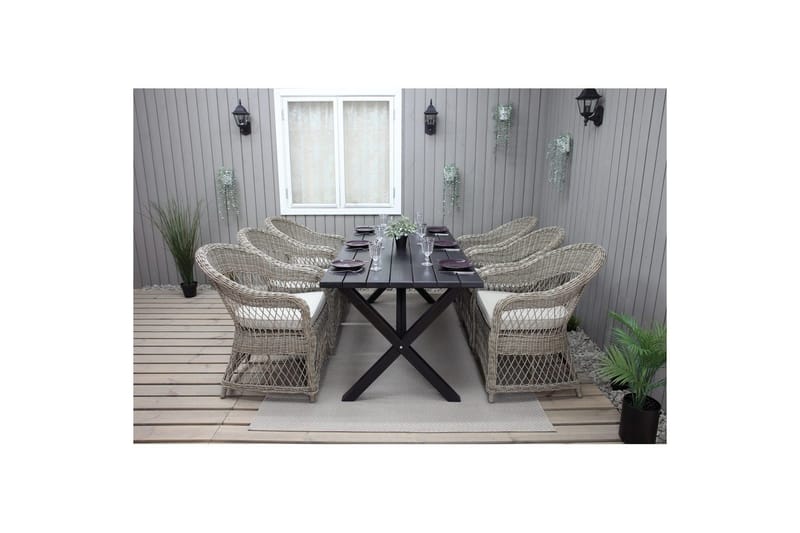 Utomhusmöbelgrupp 190 cm Bord & 6 Merida naturell stolar Svart - Svart - Utemöbler - Utegrupp - Matgrupp utomhus
