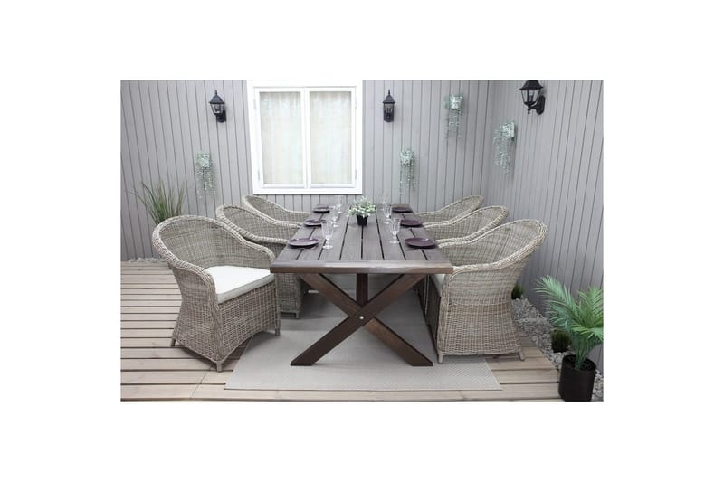 Utomhusmöbelgrupp 220 cm bord & 6 Belize naturell stolar Brun - Brun - Utemöbler - Utegrupp - Matgrupp utomhus