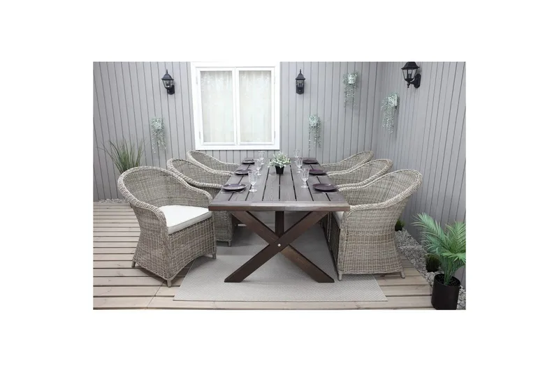 Utomhusmöbelgrupp 220 cm bord & 6 Belize naturell stolar Brun - Brun - Utemöbler - Utegrupp - Matgrupp utomhus