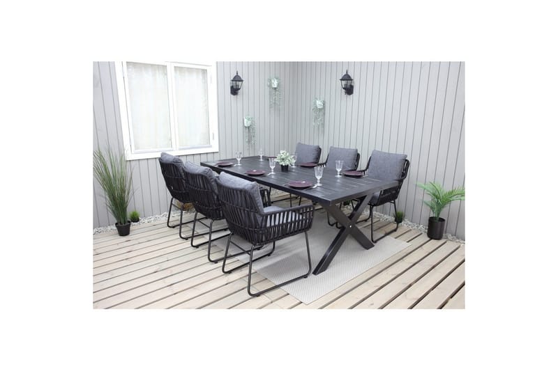 Utomhusmöbelgrupp 220 cm Bord & 6 Levanto grå stolar Svart - Svart - Utemöbler - Utegrupp - Matgrupp utomhus