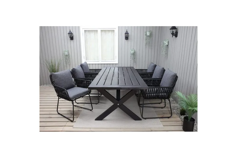 Utomhusmöbelgrupp 220 cm Bord & 6 Levanto grå stolar Svart, Svart