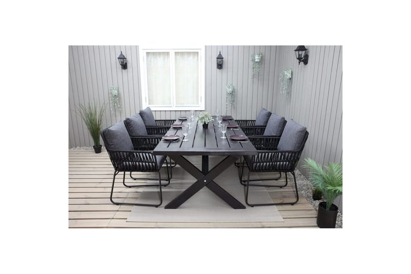 Utomhusmöbelgrupp 220 cm Bord & 6 Levanto grå stolar Svart - Svart - Utemöbler - Utegrupp - Matgrupp utomhus