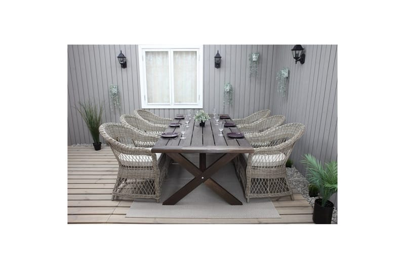 Utomhusmöbelgrupp 220 cm bord & 6 Merida naturell stolar Brun - Brun - Utemöbler - Utegrupp - Matgrupp utomhus