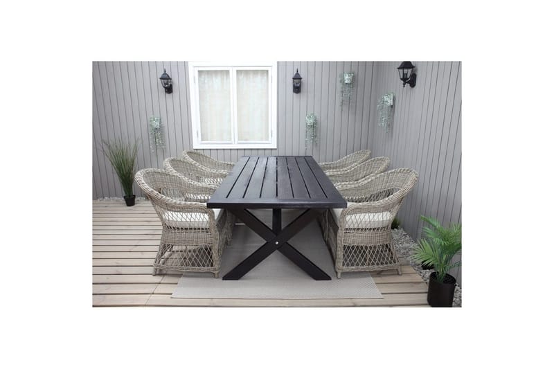 Utomhusmöbelgrupp 220 cm bord & 6 Merida naturell stolar Svart - Svart - Utemöbler - Utegrupp - Matgrupp utomhus