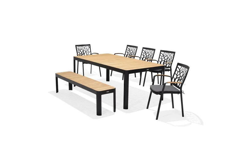 Utomhusmöbelgrupp Lifestyle Garden Portals 209 cm 5 trädskärarstolar + bänk, 5 trädskärarstolar + bänk